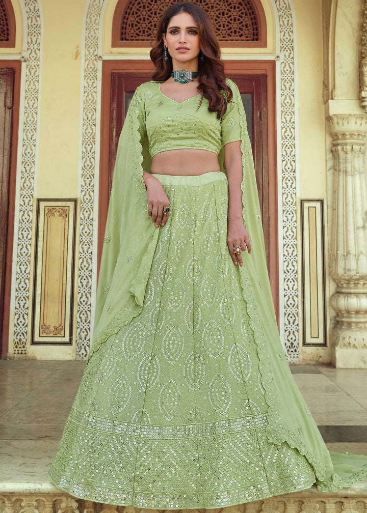 Pear Green Georgette Lehenga Choli with Sequins & Thread work