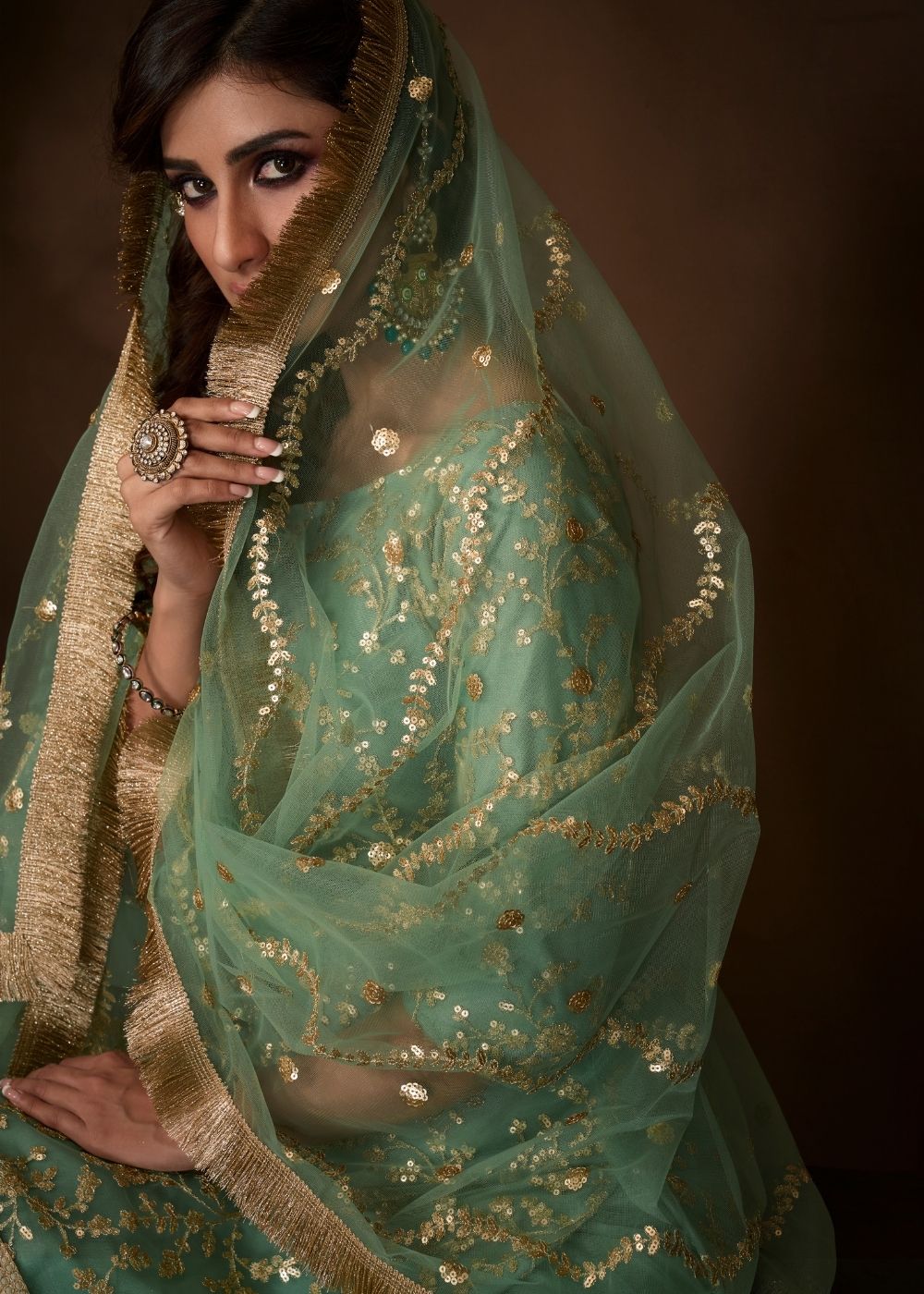 Mint Green Designer Soft Net Sharara Suit with Sequin and Zari work