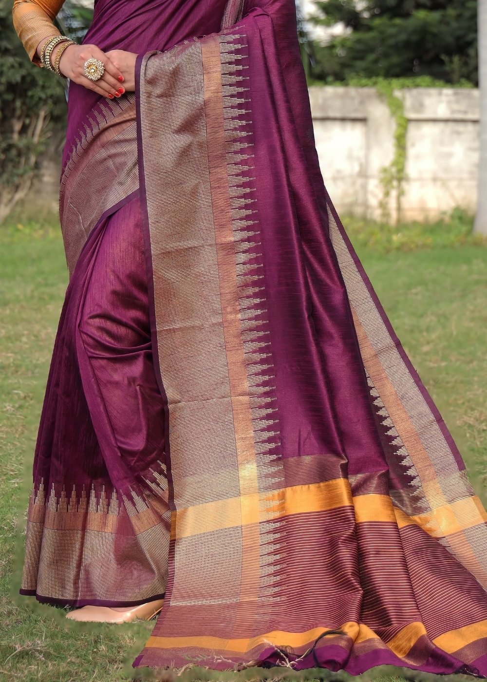 Sangria Purple Art Silk Saree with Temple Border