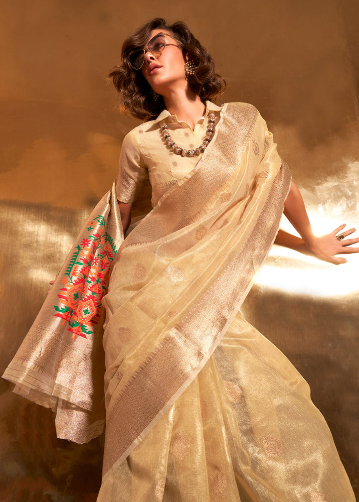 Flax Yellow Zari Woven Tissue Silk Saree Having Paithani Pallu