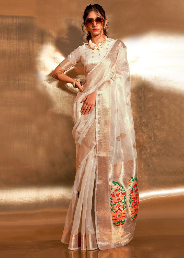 Pearl Beige White Zari Woven Tissue Silk Saree Having Paithani Pallu: Top Pick