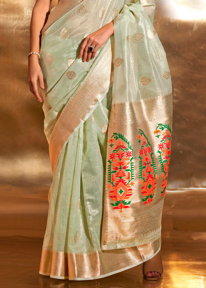 Cool Green Zari Woven Tissue Silk Saree Having Paithani Pallu