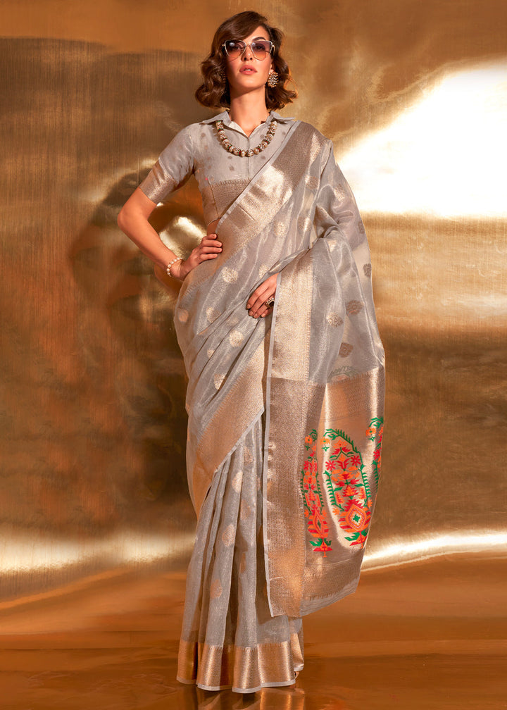 Coin Grey Zari Woven Tissue Silk Saree Having Paithani Pallu