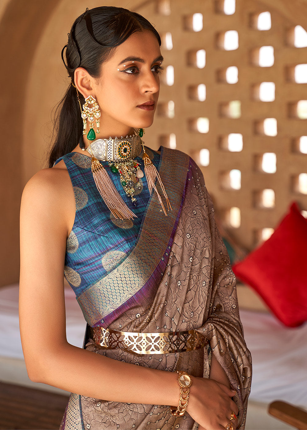 Fawn Brown Bandhani Design Silk Saree with Jacquard Border & Pallu