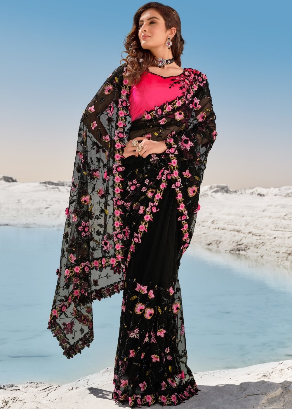 Pitch Black Designer Net Saree with Hand-Made Flower,Moti & Cut-Dana work: Top Pick