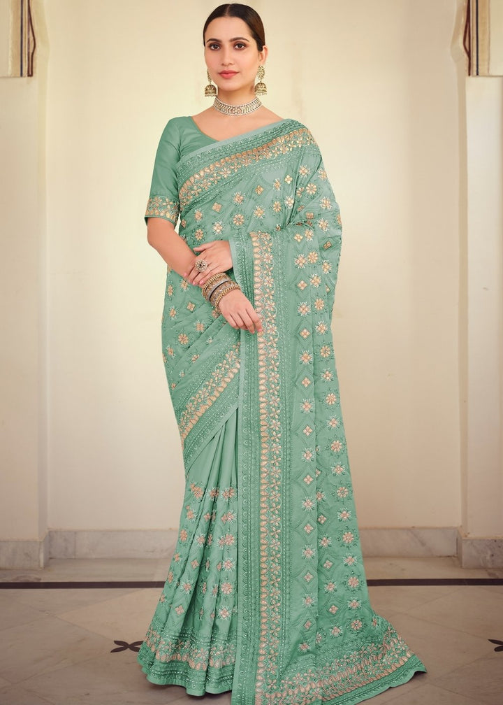 Tiffany Blue Designer Satin Georgette Saree with Gota & Resham work