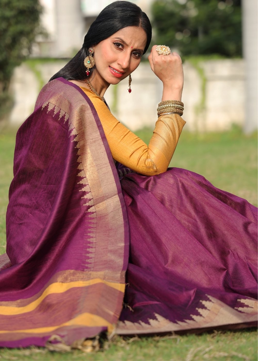 Sangria Purple Art Silk Saree with Temple Border