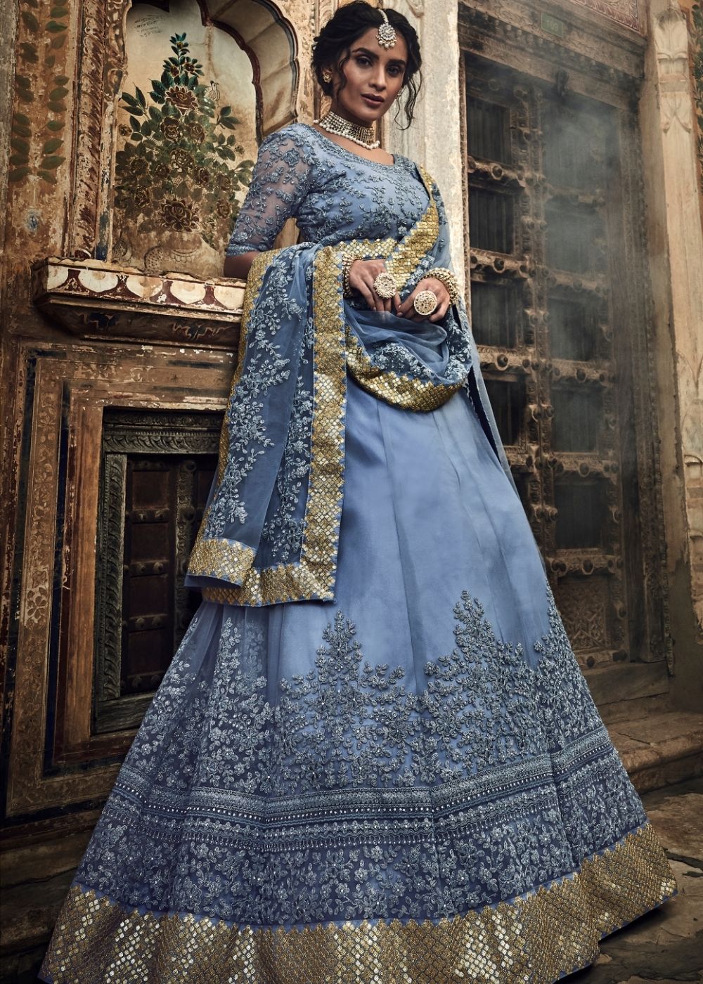 Cornflower Blue Soft Net Lehenga Choli with Dori & Zarkan work