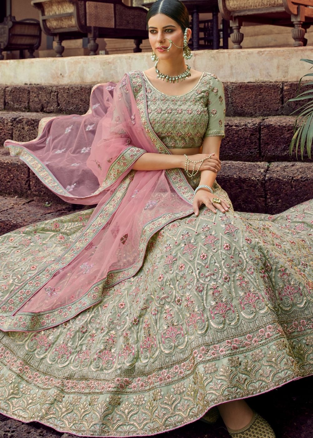 Fern Green Georgette Lehenga Choli with Resham & Gota work