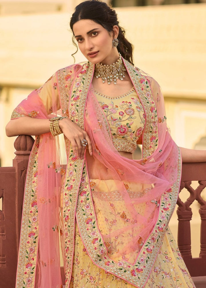 Daffodil Yellow Lehenga Choli with Zari, Dori,  Swarvoski, Thread & Zarkan work