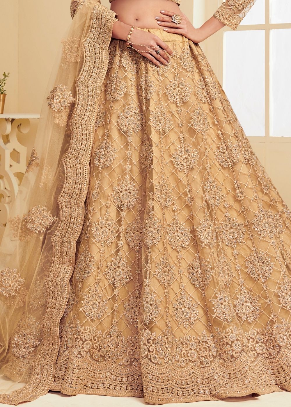 Bronze Brown Soft Net Lehenga Choli with Cording Embroidery & Stone work