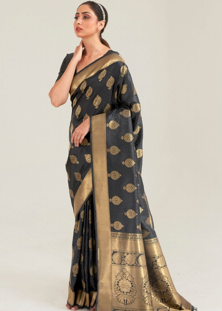 Pebble Grey Zari Butta Woven Banasari Silk Saree