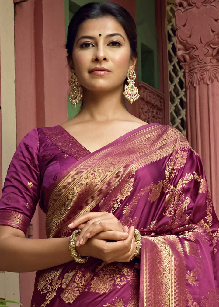 Dark Magenta Purple Woven Designer Satin Silk Saree