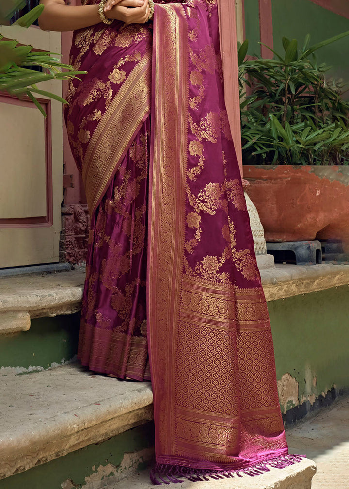 Dark Magenta Purple Woven Designer Satin Silk Saree