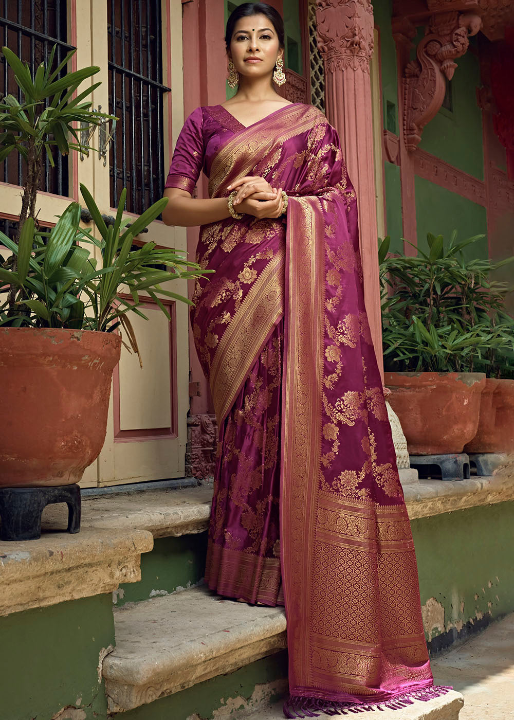 Dark Magenta Purple Woven Designer Satin Silk Saree