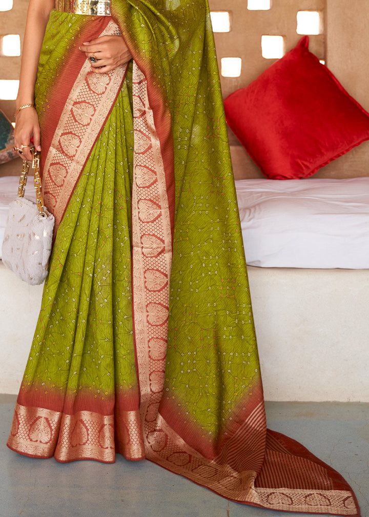 Avocado Green Bandhani Design Silk Saree with Jacquard Border & Pallu