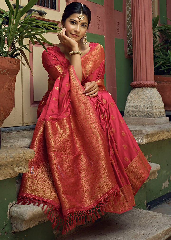 Reddish Pink Woven Designer Satin Silk Saree