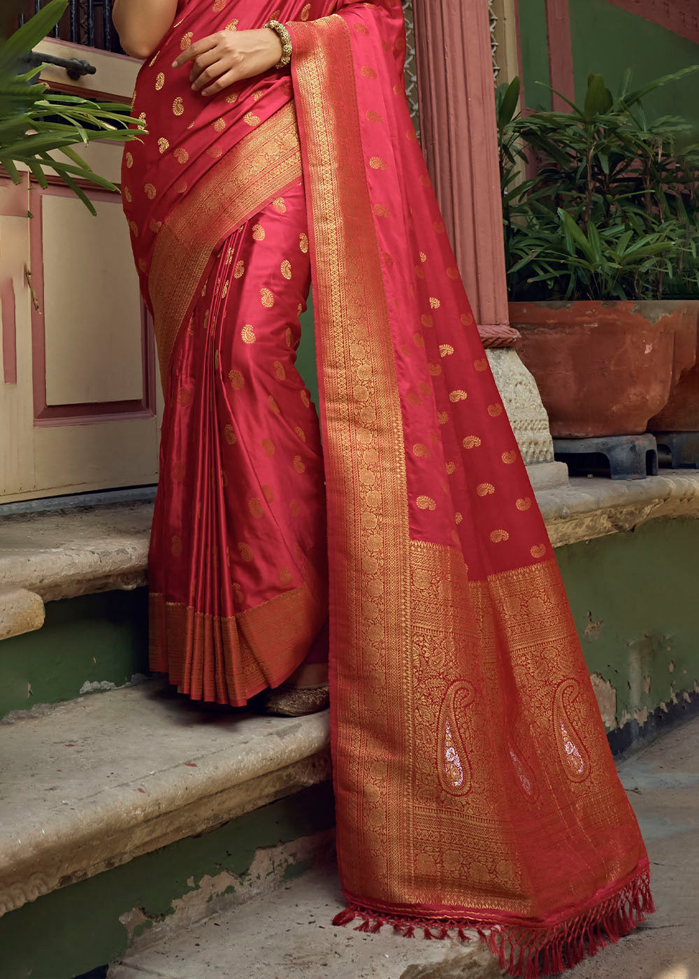 Reddish Pink Woven Designer Satin Silk Saree