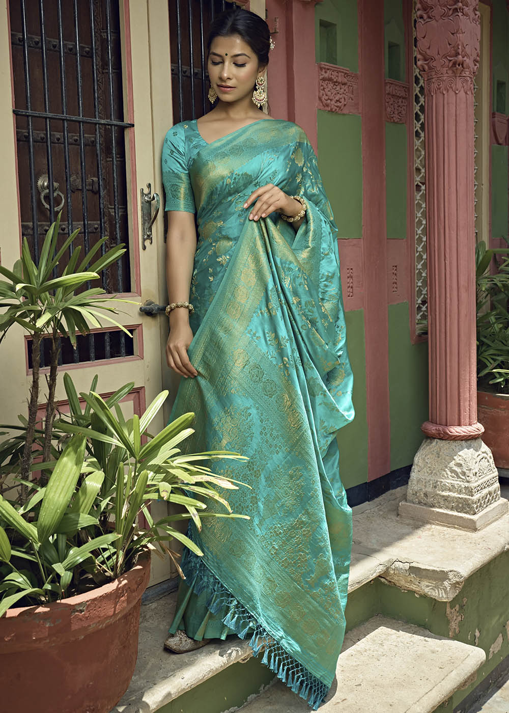 Electric Blue Woven Designer Satin Silk Saree