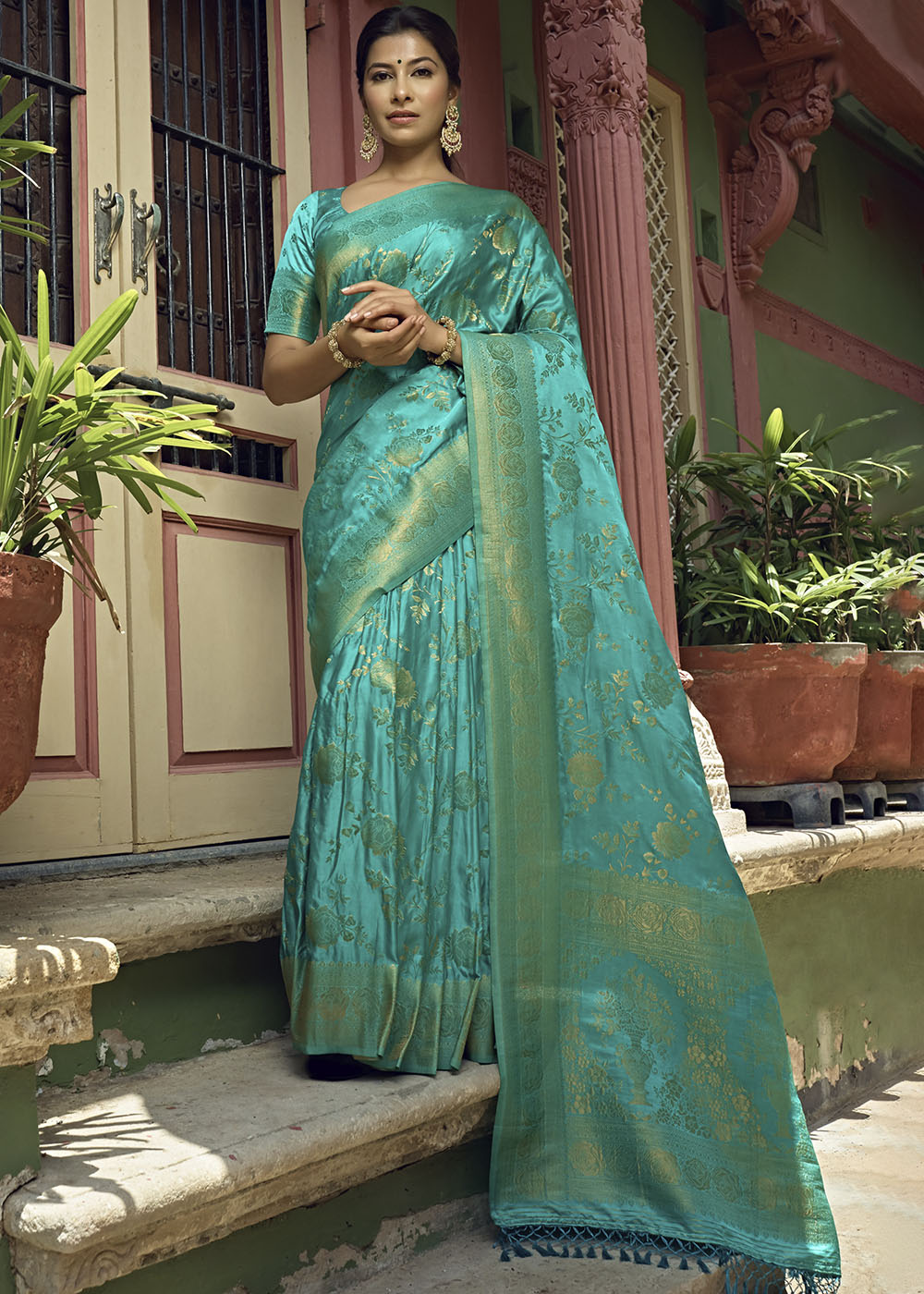 Electric Blue Woven Designer Satin Silk Saree