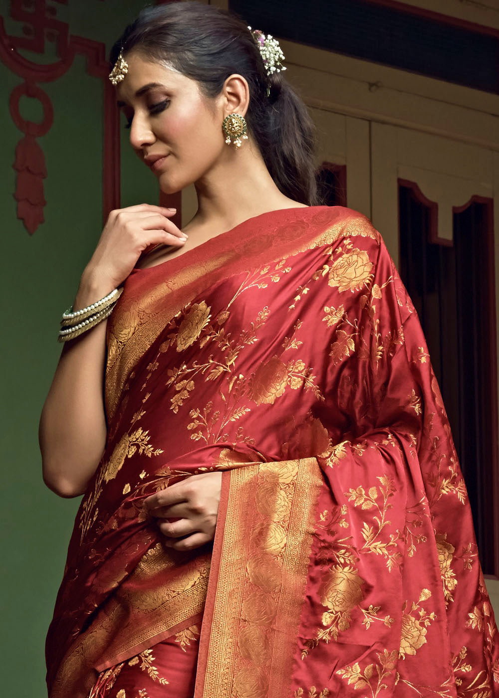 Maroon Red Woven Designer Satin Silk Saree