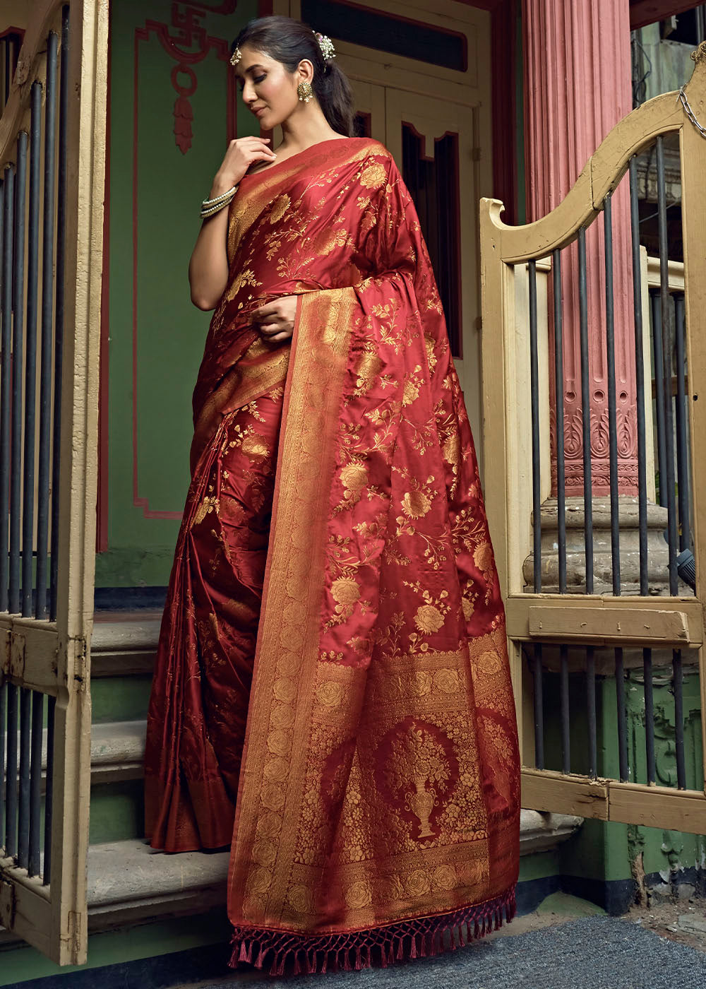 Maroon Red Woven Designer Satin Silk Saree