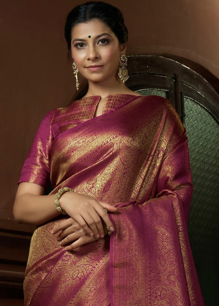 Rosy Magenta Pink & Golden Blend Woven Kanjivaram Silk Saree