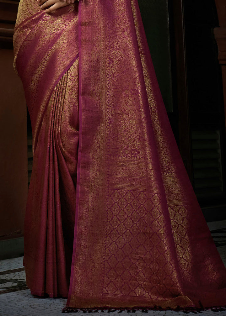 Rosy Magenta Pink & Golden Blend Woven Kanjivaram Silk Saree