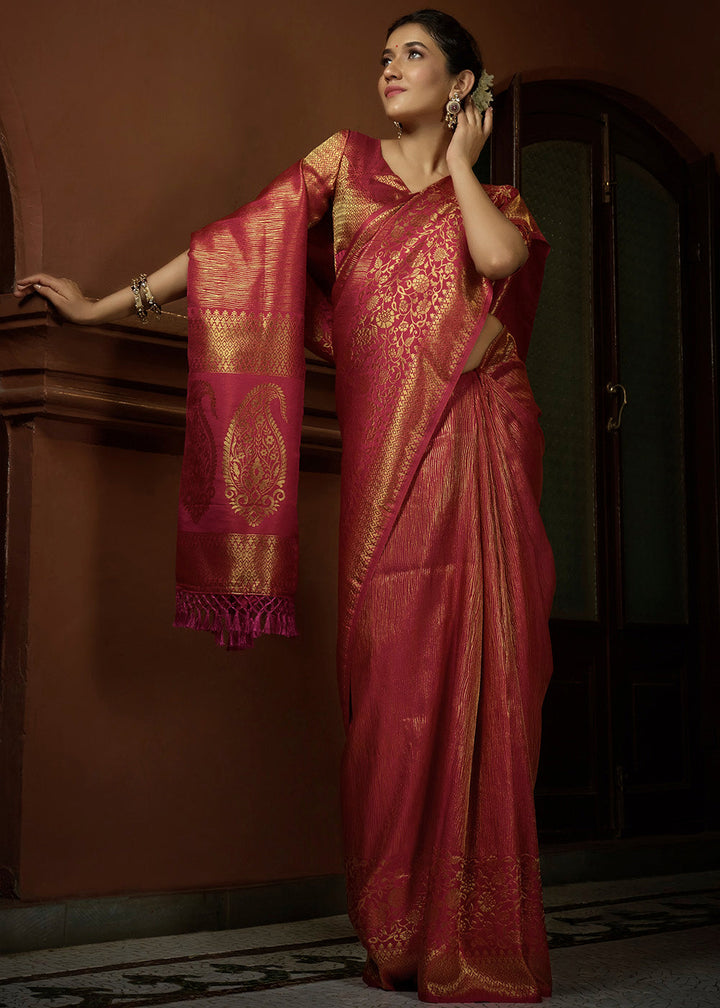 Punch Pink & Golden Blend Woven Kanjivaram Silk Saree