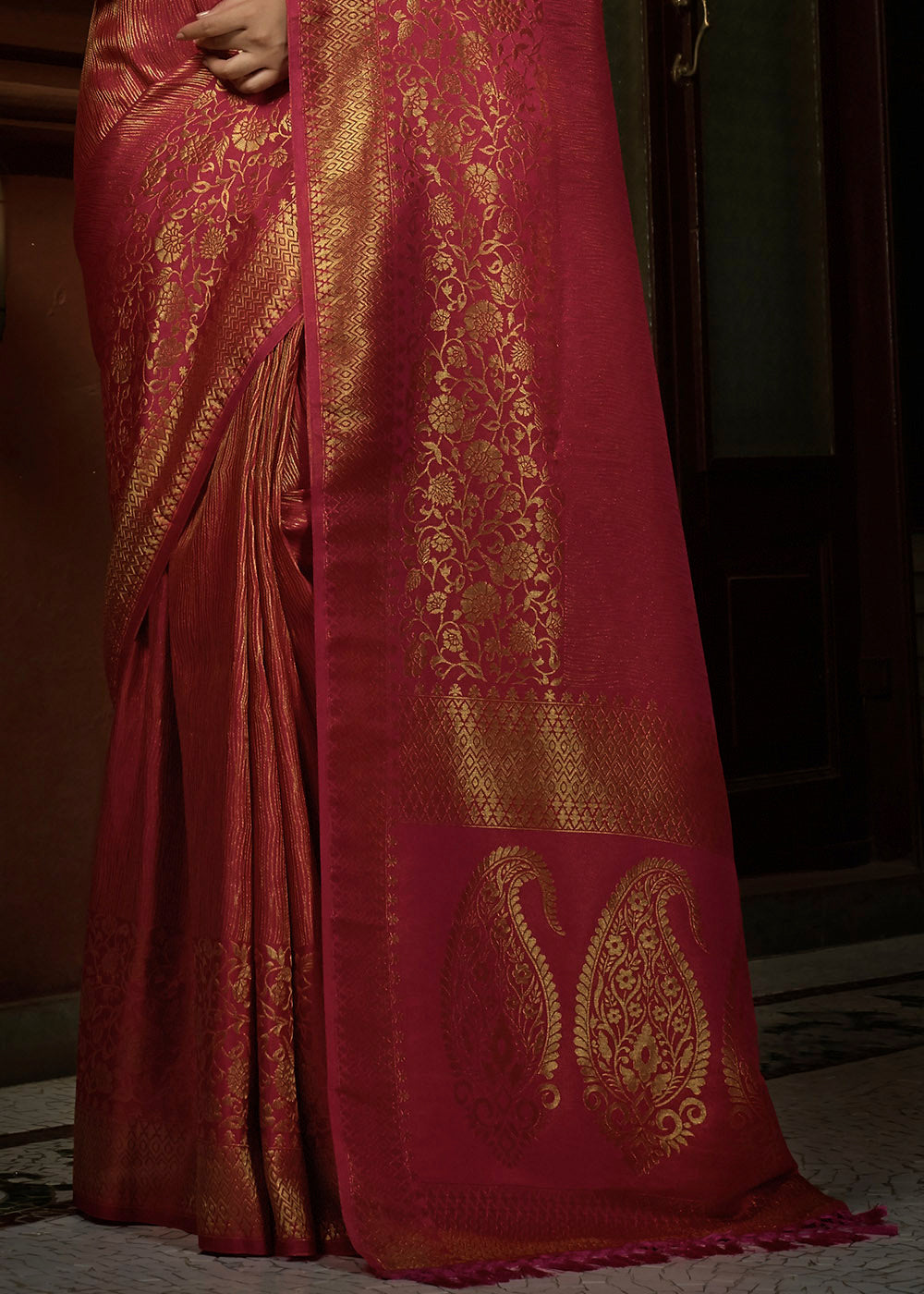 Punch Pink & Golden Blend Woven Kanjivaram Silk Saree