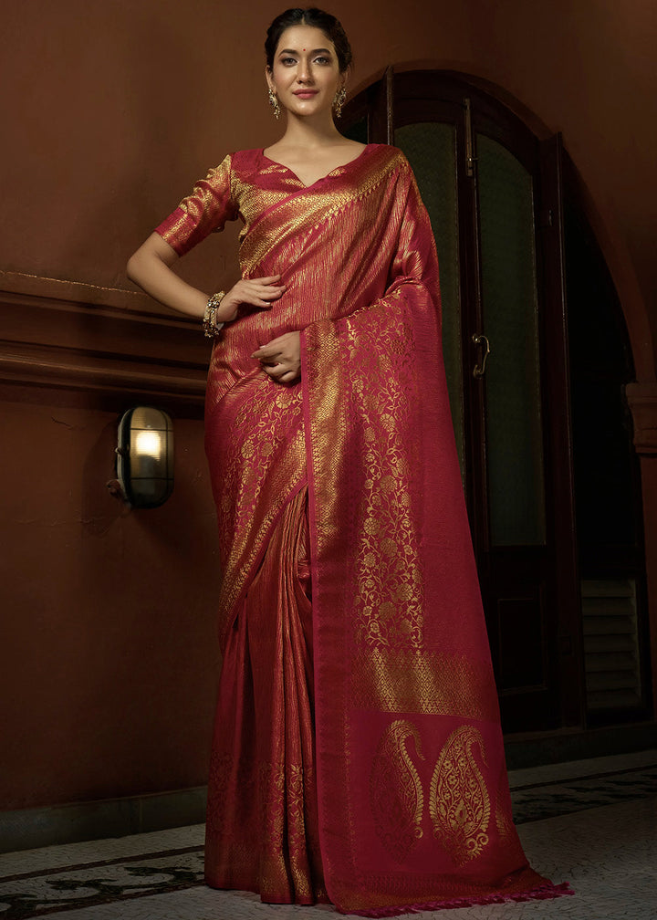 Punch Pink & Golden Blend Woven Kanjivaram Silk Saree