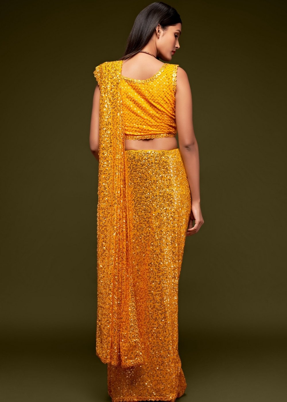 Golden Yellow Sequins & Thread Embroidered Designer Georgette Saree