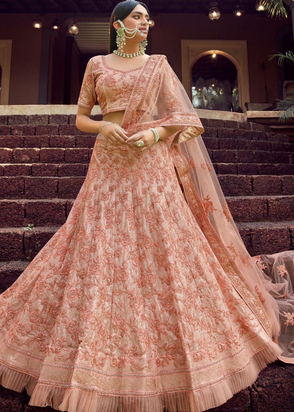 Peach Pink Georgette Lehenga Choli with Sequins & Resham work