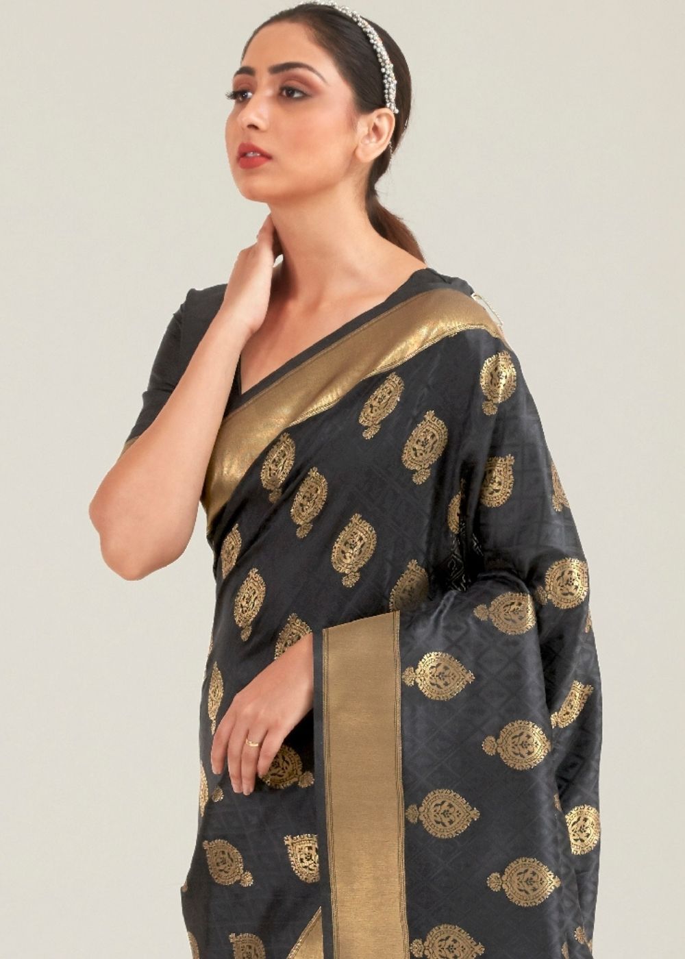 Pebble Grey Zari Butta Woven Banasari Silk Saree