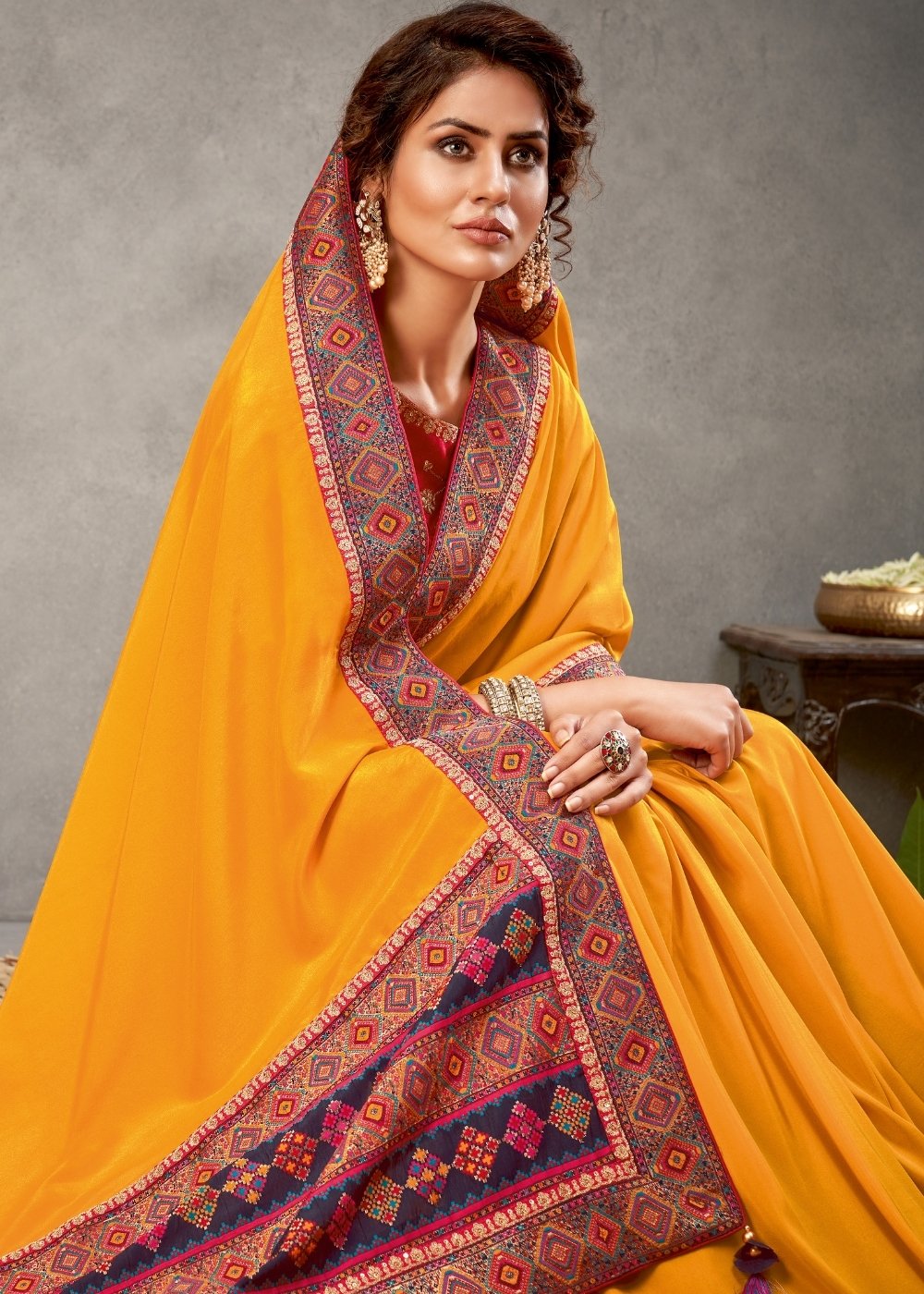 Golden Yellow Satin Silk Saree with Zari & Sequins Embroidery