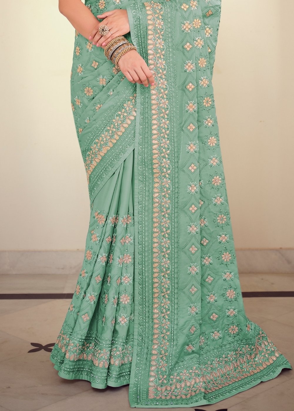 Tiffany Blue Designer Satin Georgette Saree with Gota & Resham work