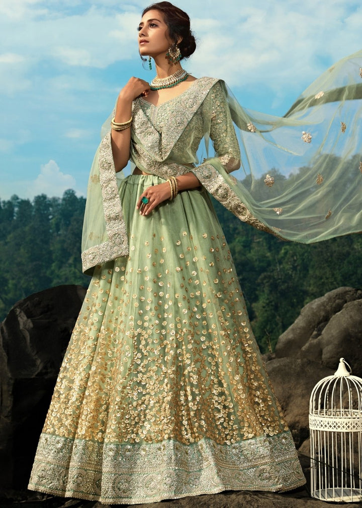 Emerald Green Designer Soft Net Lehenga Choli with Sequins & Dori work