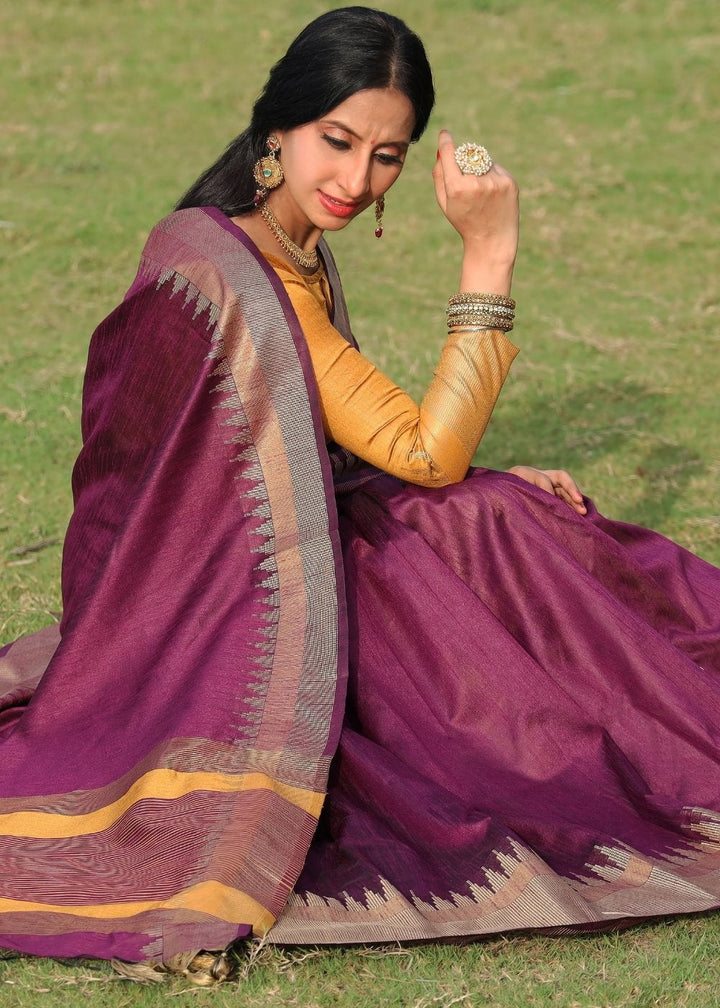 Sangria Purple Art Silk Saree with Temple Border