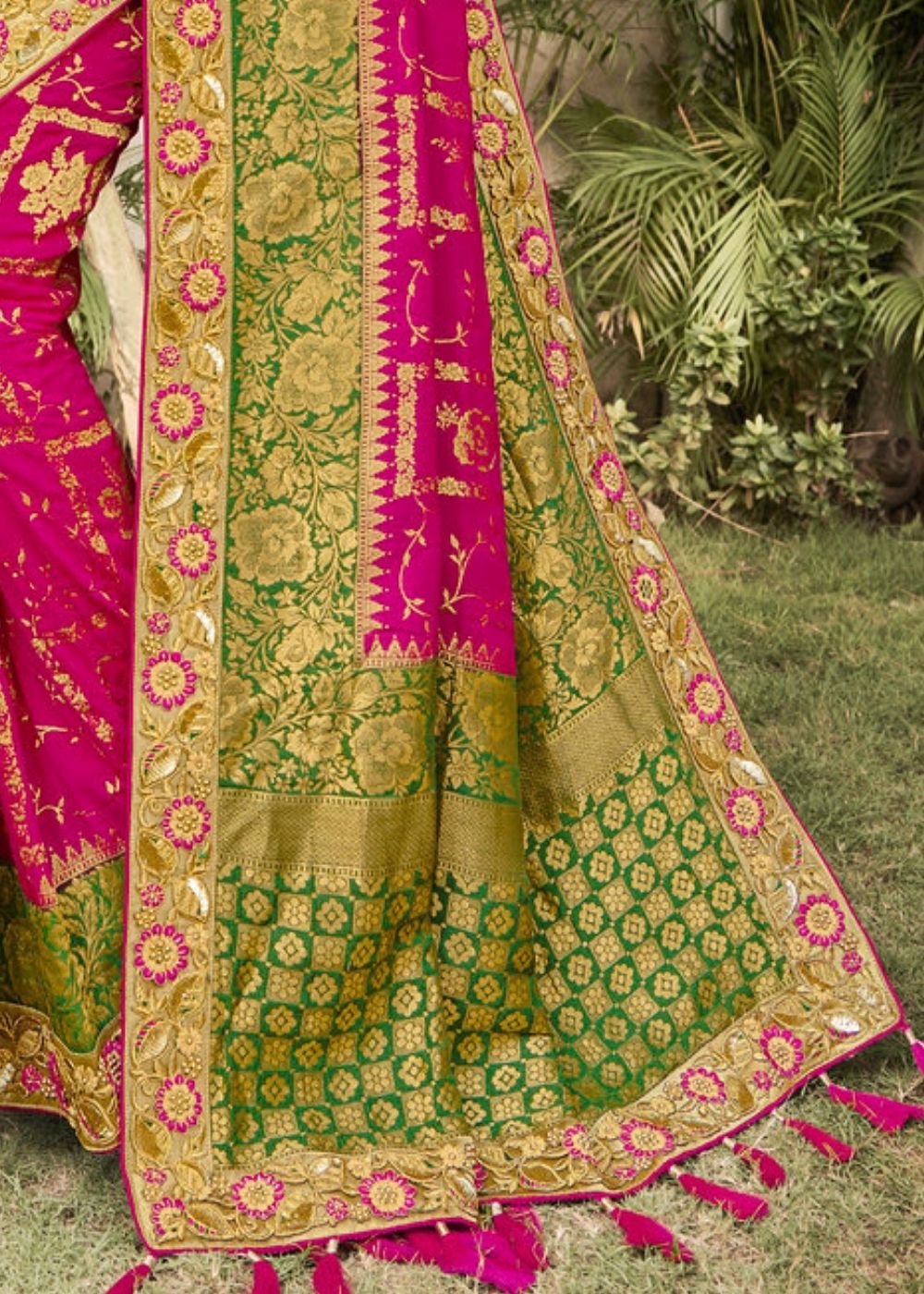 Magenta and Green  Banarasi Dola Silk Saree with Resham Embroidery, Zari and Moti work