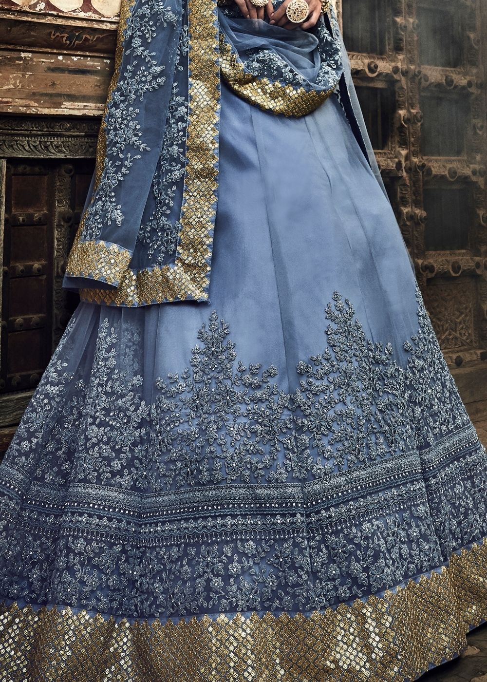 Cornflower Blue Soft Net Lehenga Choli with Dori & Zarkan work