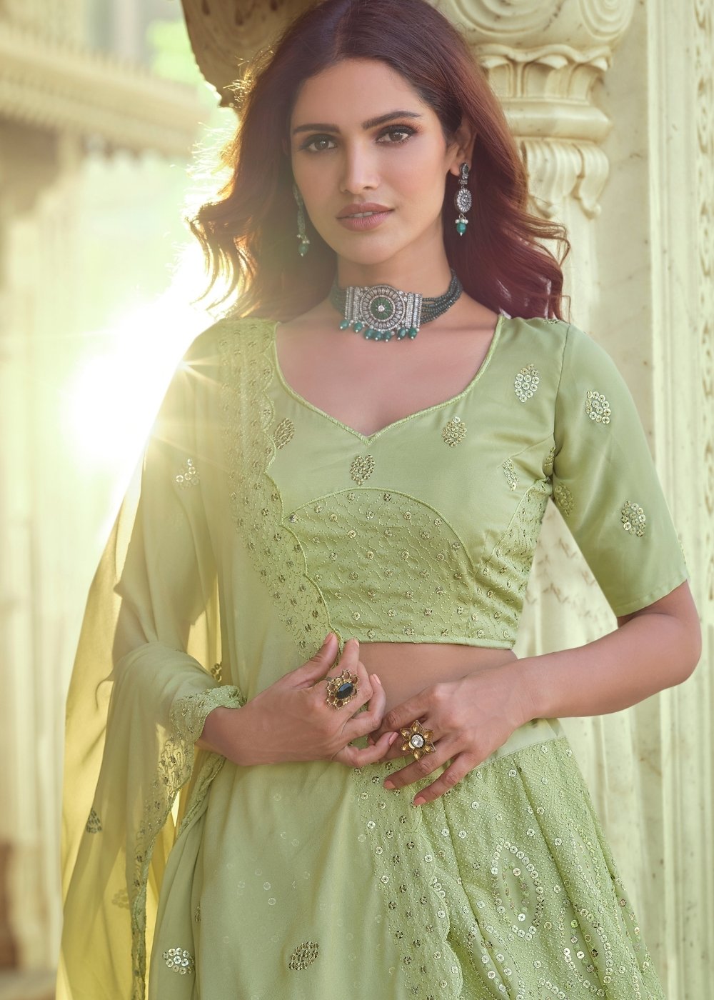 Pear Green Georgette Lehenga Choli with Sequins & Thread work