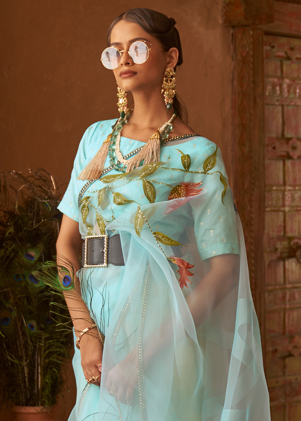 Baby Blue Digital Floral Print Organza Saree