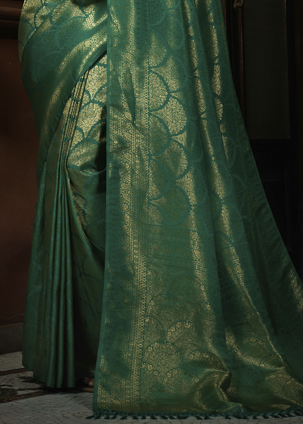 Peacock Green & Golden Blend Woven Kanjivaram Silk Saree