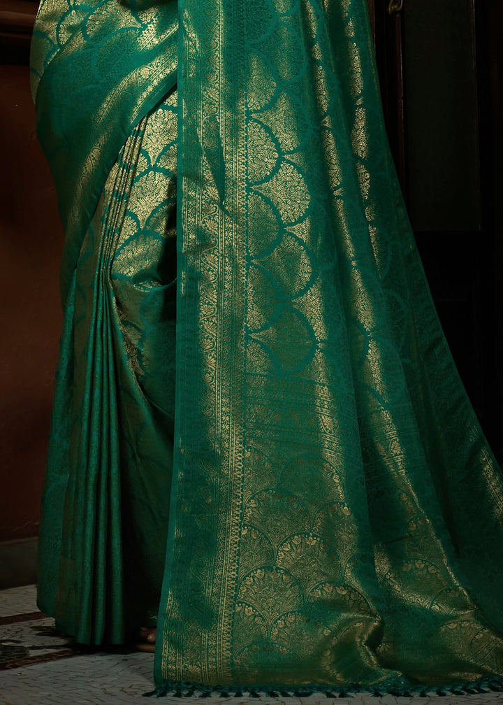 Peacock Green & Golden Blend Woven Kanjivaram Silk Saree