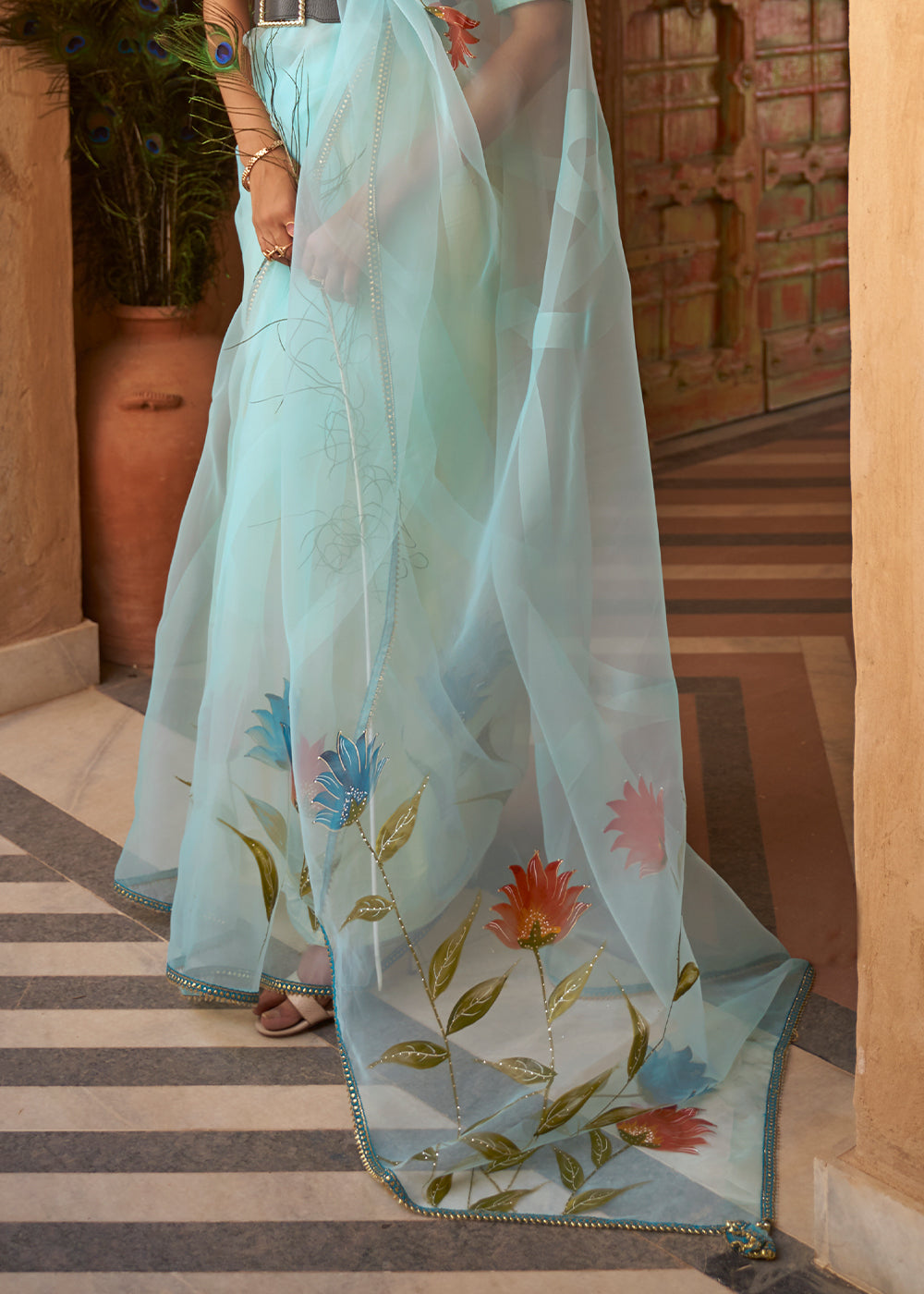 Baby Blue Digital Floral Print Organza Saree