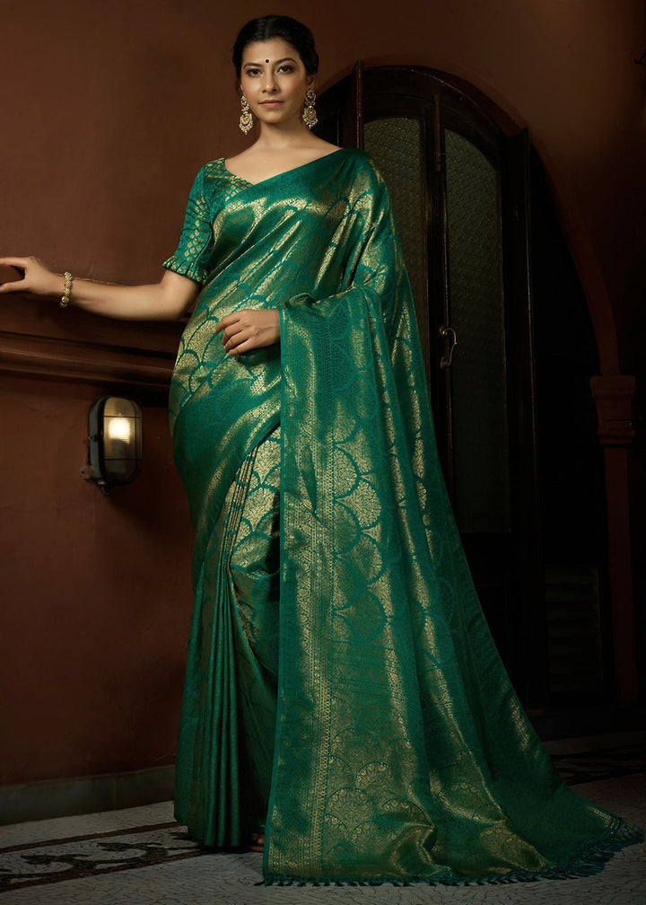 Peacock Green & Golden Blend Woven Kanjivaram Silk Saree