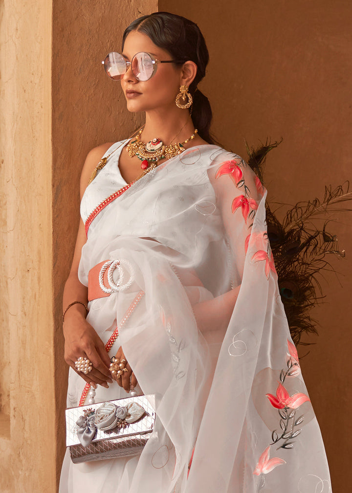 Cloud Grey Digital Floral Print Organza Saree