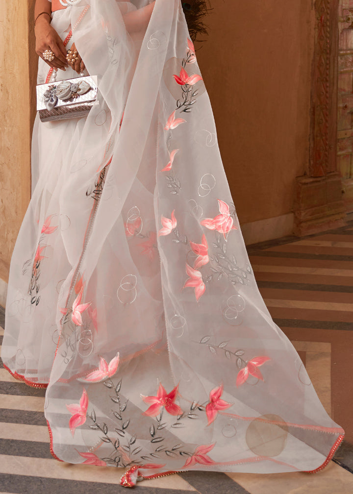 Cloud Grey Digital Floral Print Organza Saree