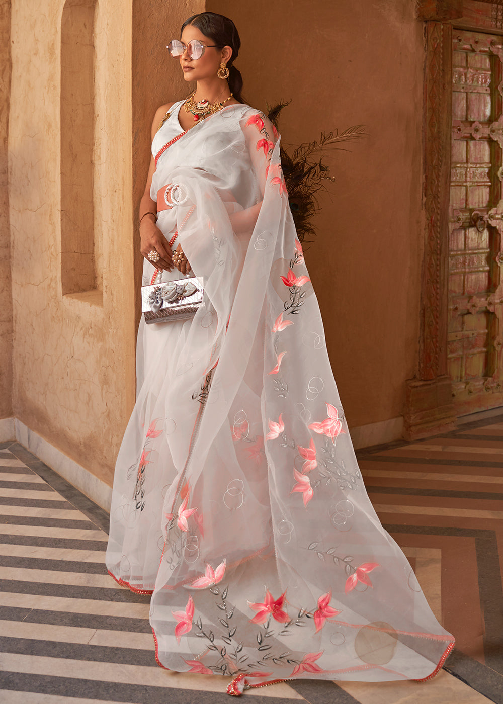 Cloud Grey Digital Floral Print Organza Saree