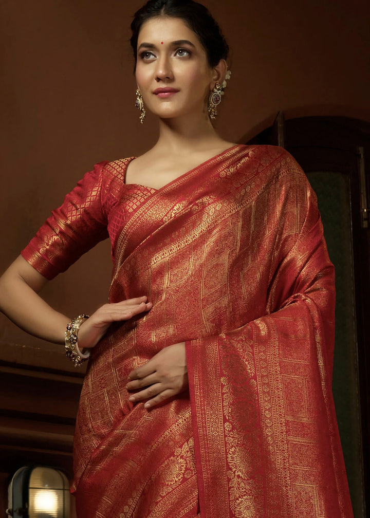 Crimson Red & Golden Blend Woven Kanjivaram Silk Saree